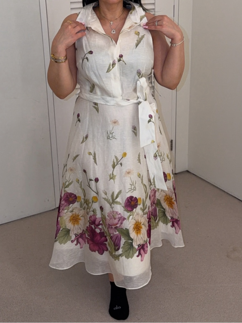 White Floral Midi Dress with Tie Waist
